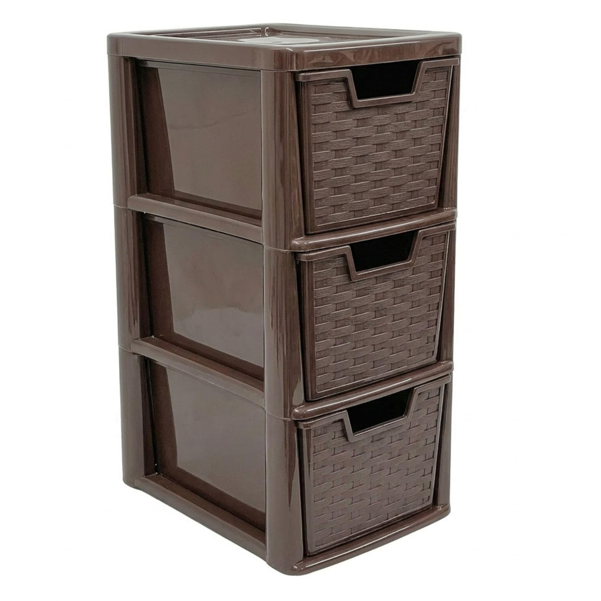 KYY'Z Rattan Effect 3 Drawer Plastic Storage Organizer- Multipurpose Storage Drawer Unit Home Kitchen Office School Garage Bedroom Bathroom Stationery Toys 25Dx19Wx 48Hcm (Choco Brown, 3 Tier)