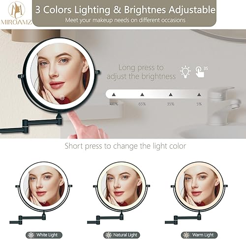 Miniatura 8 de Espejo de tocador de maquillaje iluminado para montaje en la pared, recargable de 8 pulgadas, doble cara, 1 espejo de baño con aumento 10X,