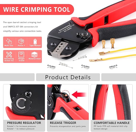 Knoweasy Jst Crimping Tool with 590PCS JST-XH Connectors Kit - 24-16 AWG Labor-Saving Crimper for AMP-TE 2.8/4.0/4.8/6.3, JST-SM2.54/XH2.54/VH3.96 and Molex