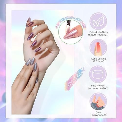 Miniatura 2 de Polvo de uñas cromado, 6 cajas con efecto espejo metálico, polvo holográfico con purpurina para esmalte de gel, decoración de manicura con 6 barras