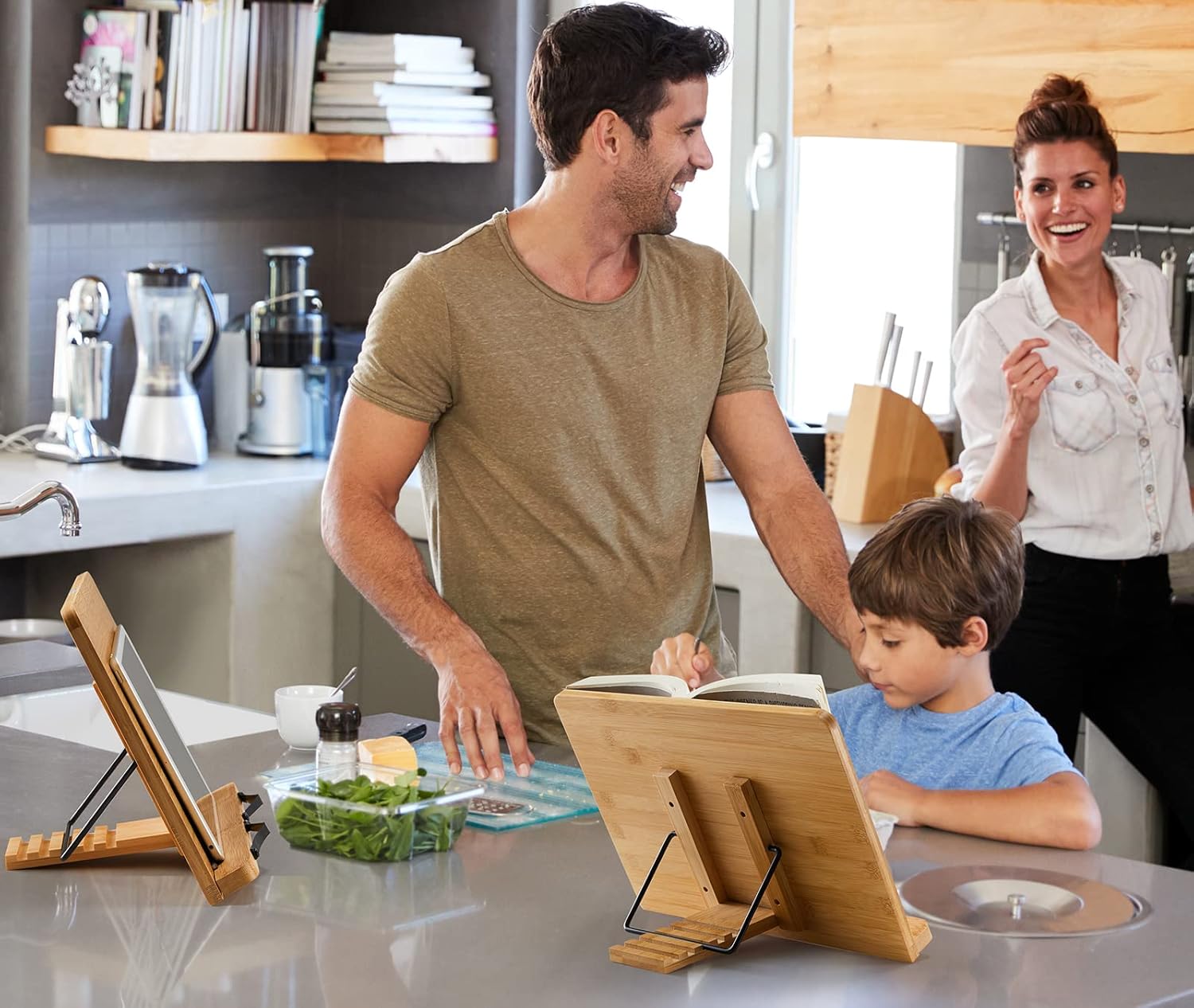 2 Pack Bamboo Book Stands Large Cookbook Holder Reading Stand (13.4 x 9.5 Inch) with 5 Adjustable Height, Foldable Wooden Book Holder for Textbook, Recipe, Music Book, Laptop, Tablet Stand