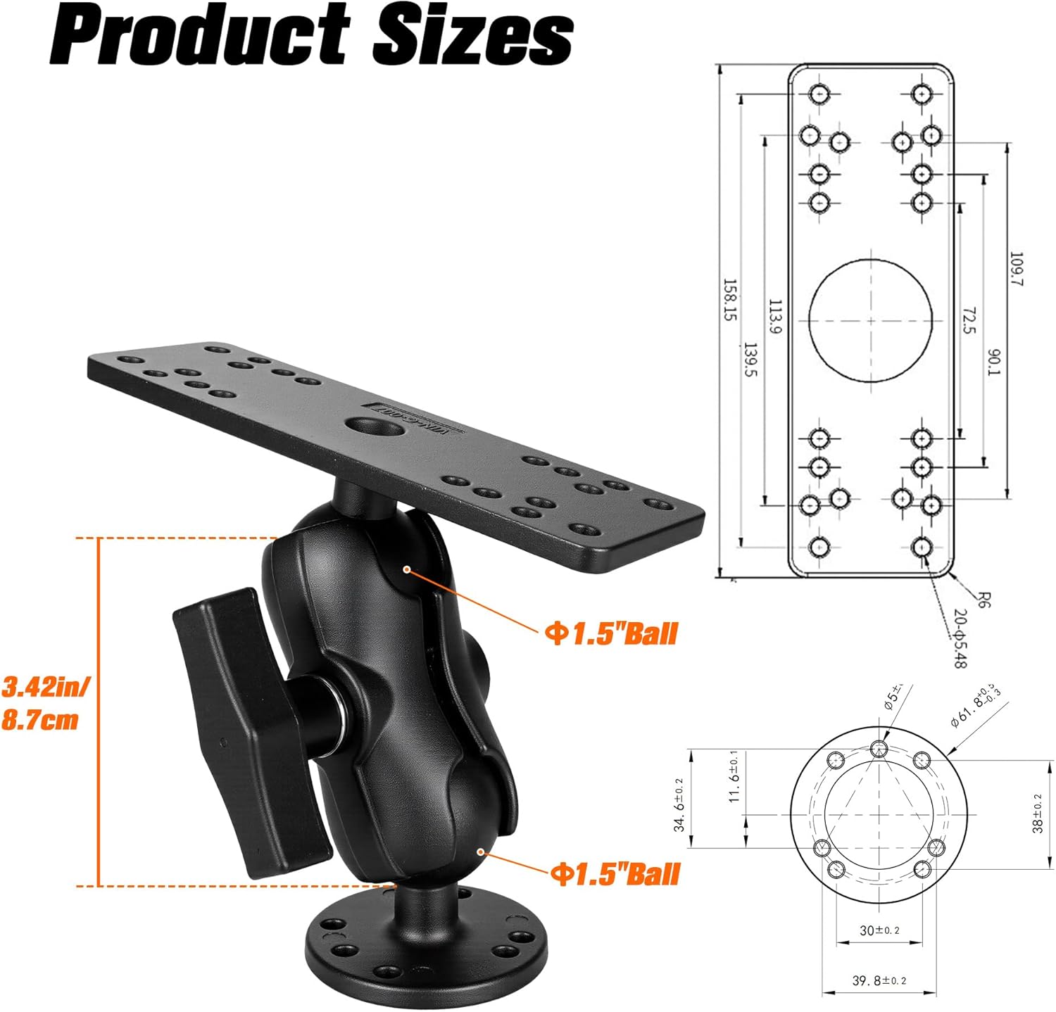 Aluminum Fish Finder Mount with 1.5"/C Size Ball, 3.42" Aluminum Arm Marine Electronics/Depth Finder Mount. High Salt Water Resistant, compatible with Garmin, Lowrance, Humminbird, and More.
