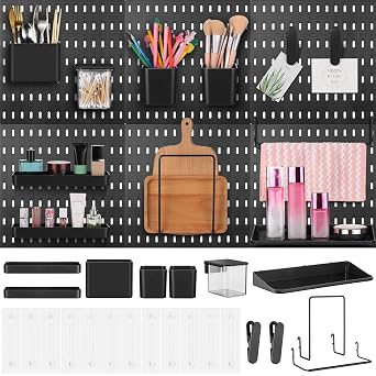 Unittype 17 Pcs Peg Board Combination Kit, 6 Plastic Wall Pegboard with 11 Accessories, 33" x 22" Desk Pegboard Organizer with Shelf Hook for Office, Kitchen, Gaming, Garage, Craft RoomBlack