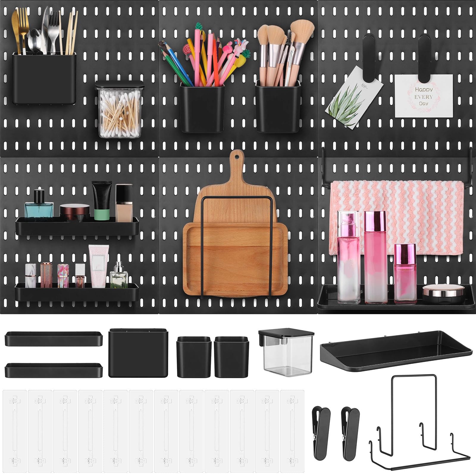 Kit de combinación de tablero perforado de 33 x 22 pulgadas y 16 accesorios de tablero de clavijas (contenedores de almacenamiento de estantes, soportes de gancho), soporte de pared para cocina, baño