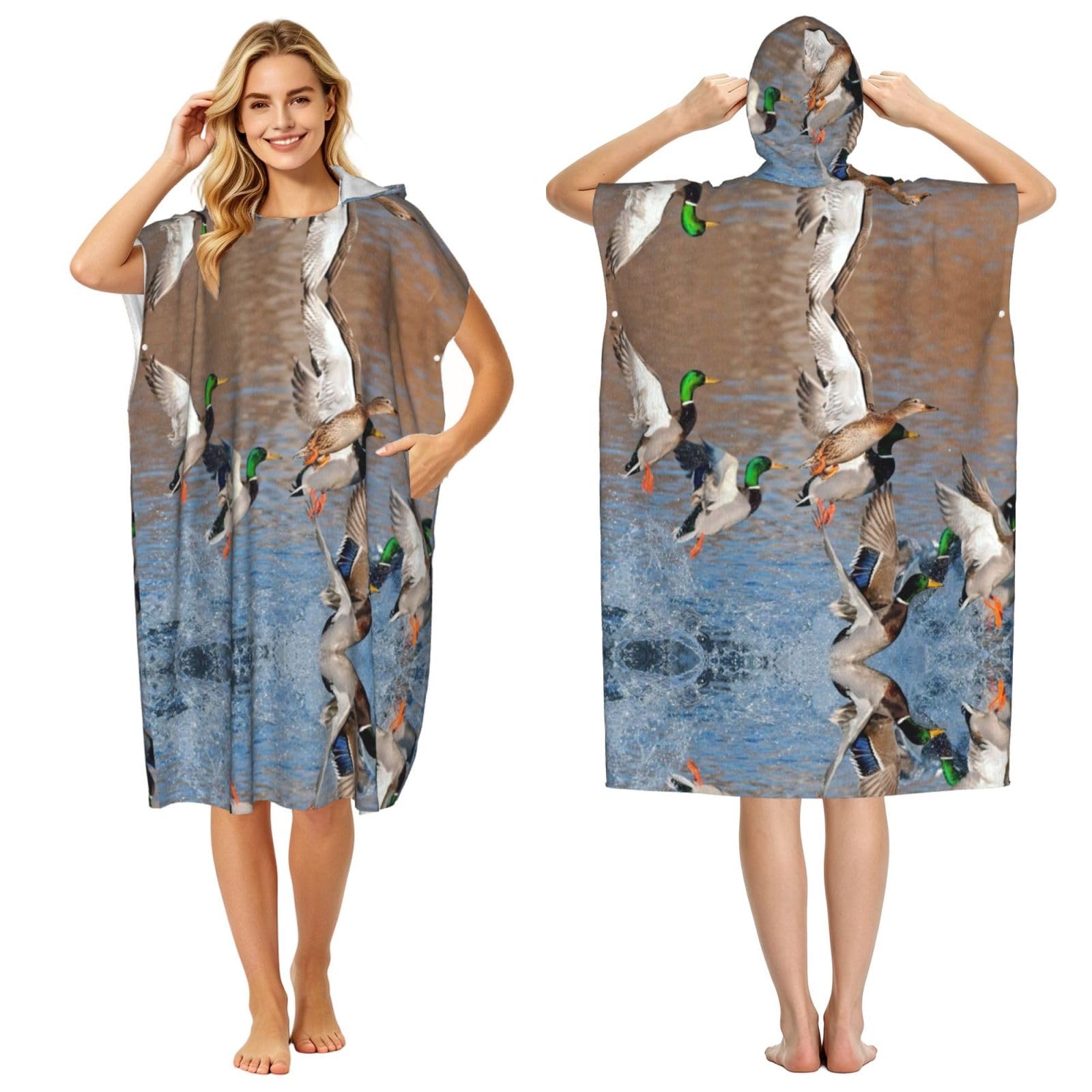 ESNAIUVCD Mallard Ducks Print Changing Robe, Hooded Towel Poncho For Swimming Pool, Beach,Quick Dry & Light Weight Towelling Poncho For Adults Women Men