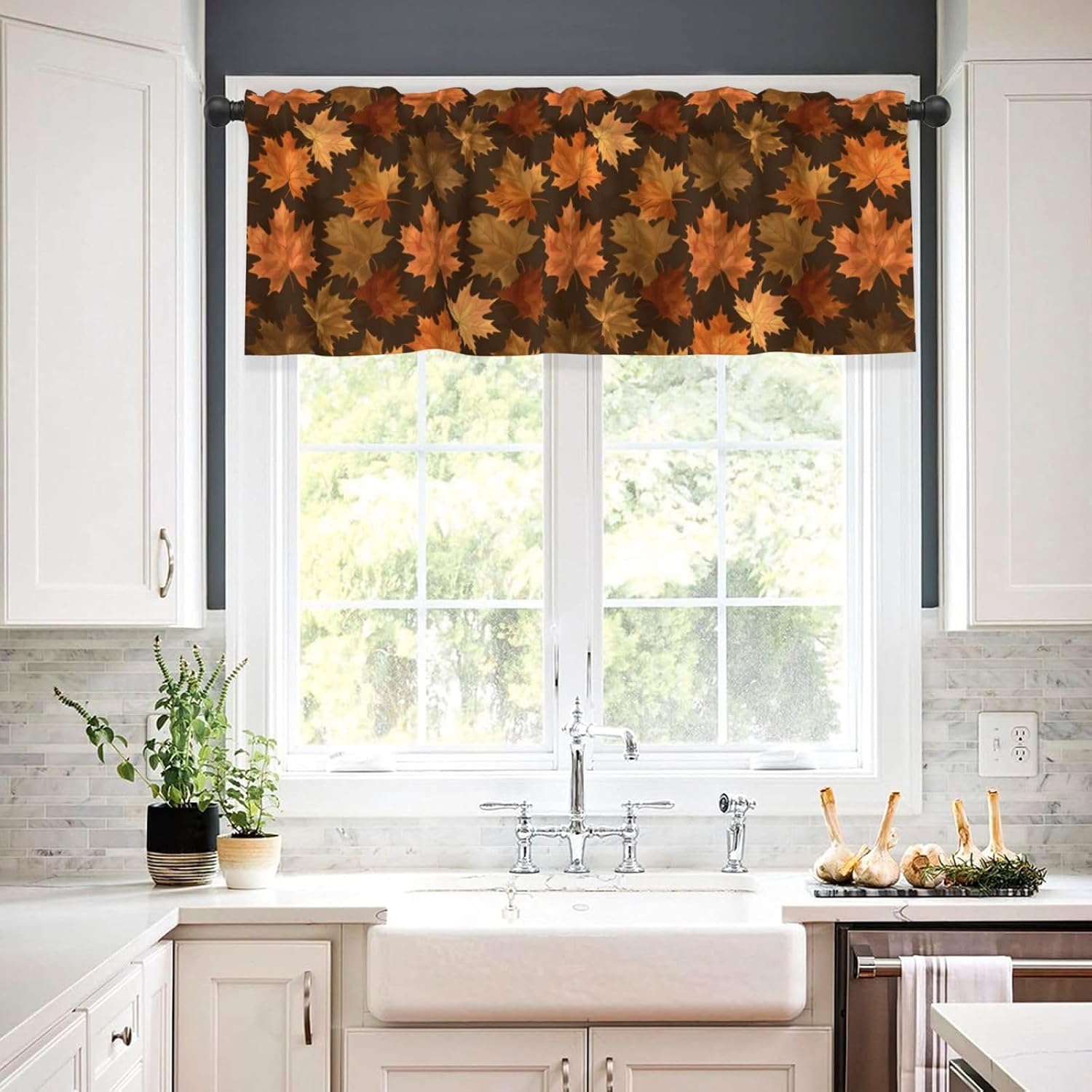 Fall Valance for Windows Autumn Maple Leaves Thanksgiving Curtain Valances Vintage Brown Orange Leaf Short Curtains for Kitchen Living Room Bedroom Window 1 Panel, 54x18 Inch