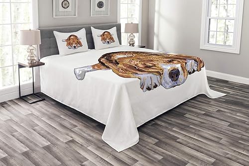 Ambesonne Beagle Bedspread, Old Dog Resting Sleeping Tired Puppy Short Haired Purebred Sketch Art, Decorative Quilted 3 Piece Coverlet Set with 2
