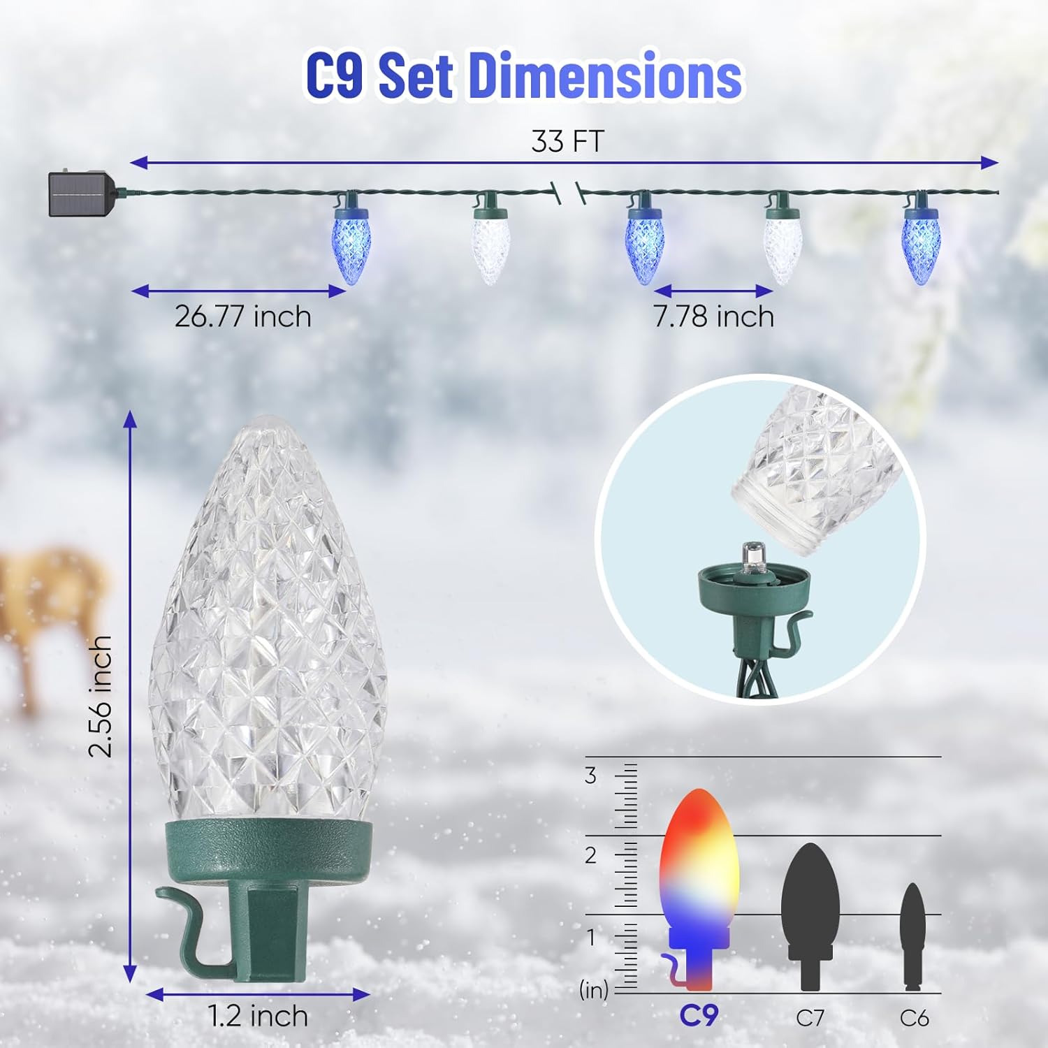 Solar Christmas Lights Outdoor, 50 LED C9 Strawberry String Lights with Timer & 13 Light Mode, Waterproof Solar Christmas Tree Lights for Garden Patio Party Christmas Decoration, Blue White