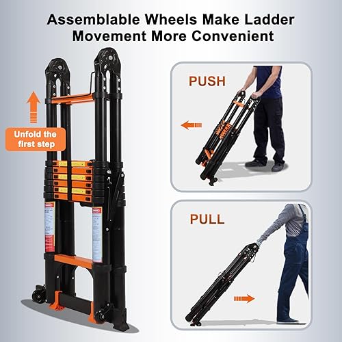 Miniatura 3 de Escalera telescópica de marco A de 12.5 pies con plataforma de herramientas y barra estabilizadora, escaleras telescópicas de aluminio mejoradas con