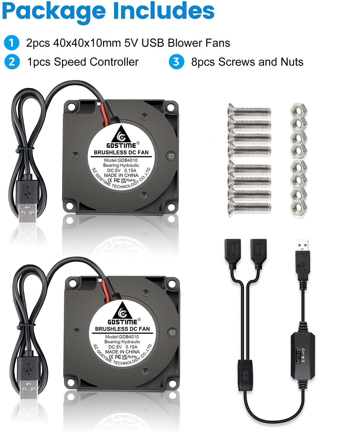 GDSTIME 40mm USB Blower Fan 5V with 3 Speed Control, Micro 5 Volt DC Brushless Fans 4010 Hydraulic Bearing 40x40x10mm for DIY Cooling (Pack of 2Pcs)