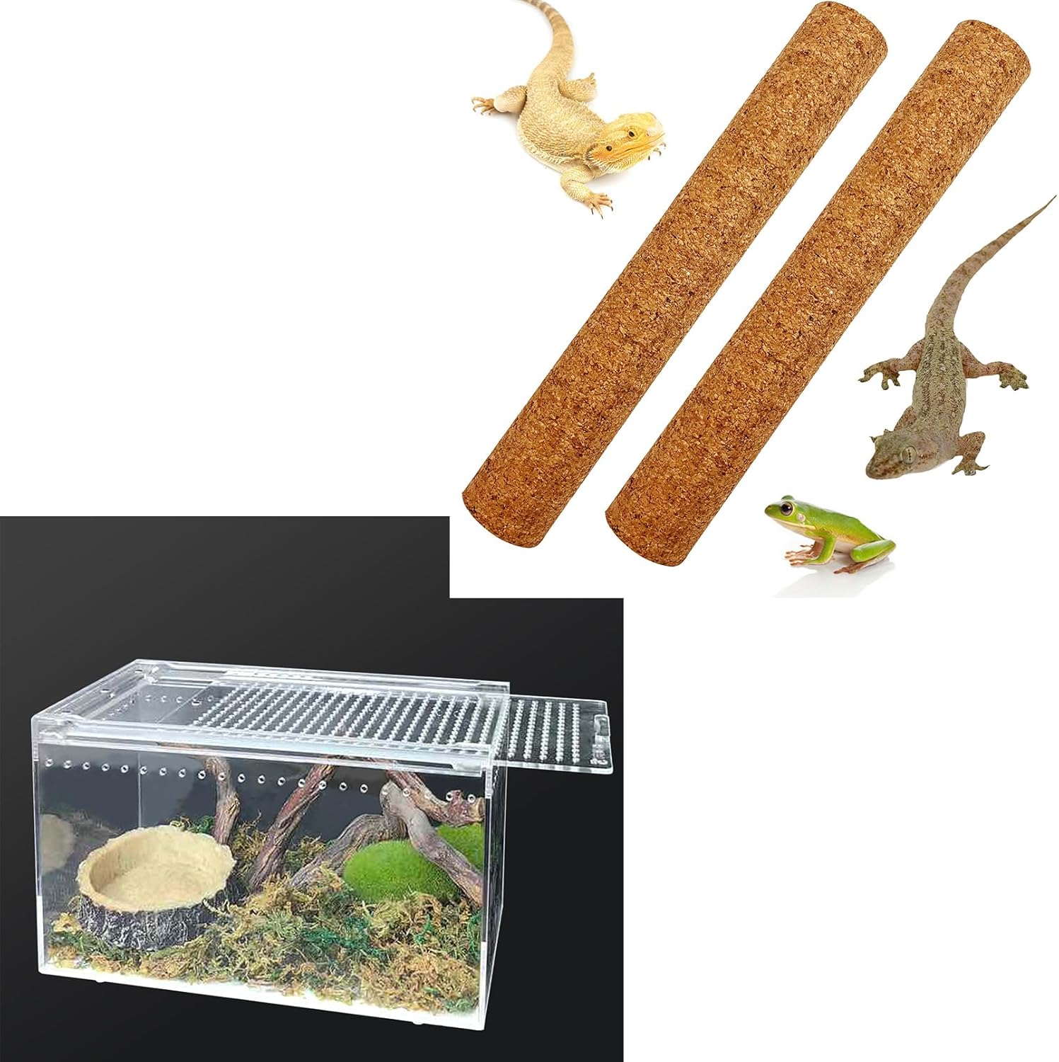 Reptile Terrarium Enclosure with Cork Branch for Reptiles Climbing Branches 2 Pack Natural Tree Frog Cork Wood Stick Crested Geckos Habitat Decor