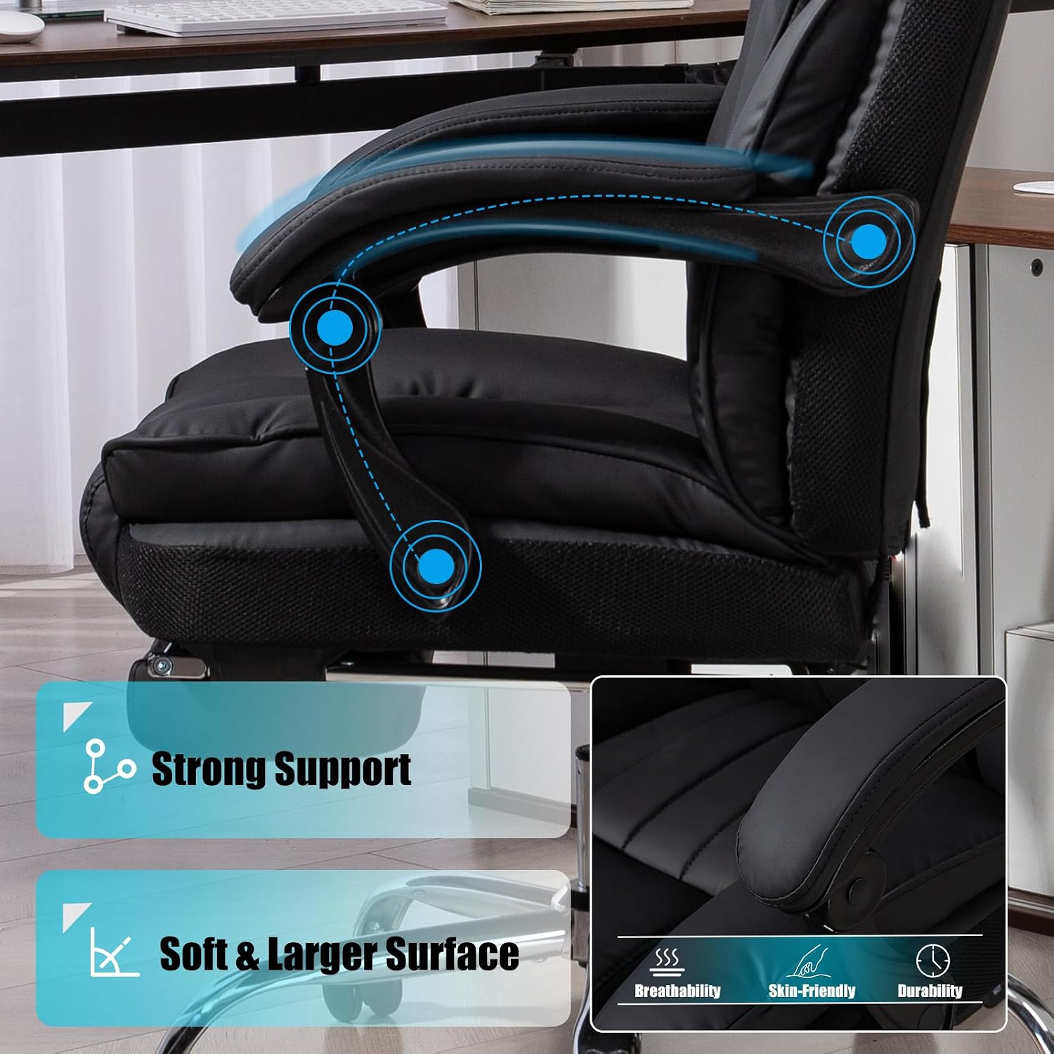 Office Chair with Adjustable Headrest for Heavy People 500LBS, Big and Tall Executive Office Chair with Extra Wide Seat, Footrest, Padded Armrests, Reclining, High Backrest