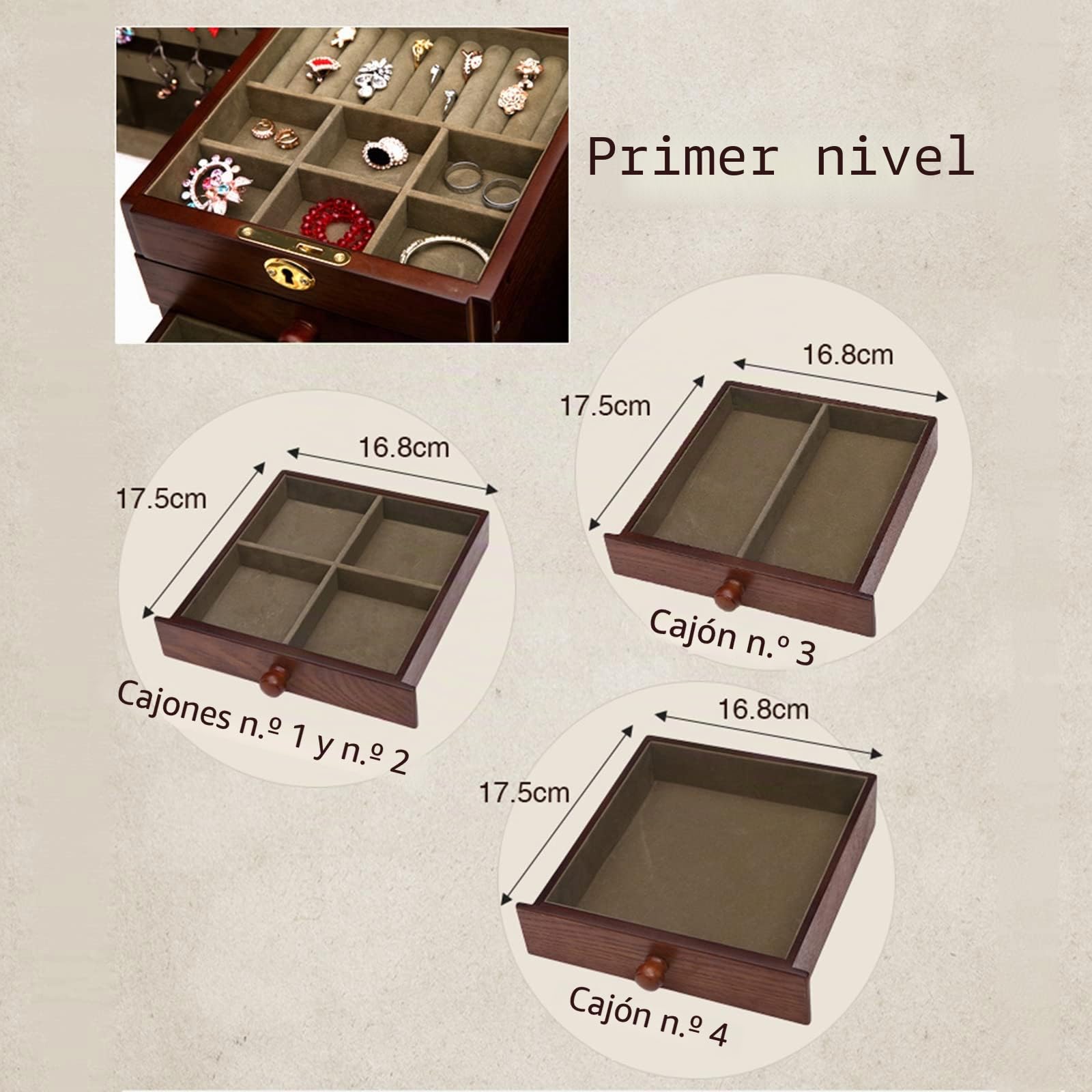 Changsuo Joyero de madera para mujer, organizador de madera maciza con cerradura combinada para joyas, collares, anillos, alhajero de estilo vintage con espejo (cereza)
