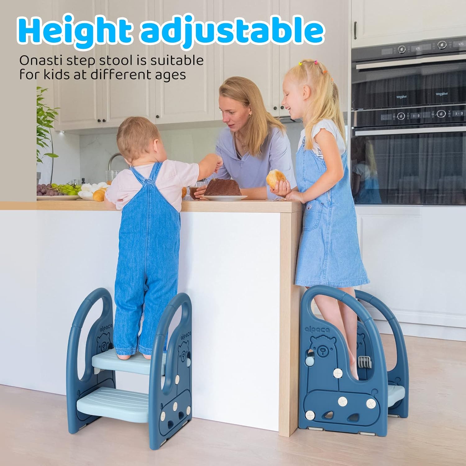 Onasti Toddler Step Stool for Bathroom Sink, Adjustable 2 Step Stop for Kids with Handles, Toilet Stool for Potty Training, Plastic Ladder Toddler Helper Stool for Bedroom Kitchen Counter Stand-Blue