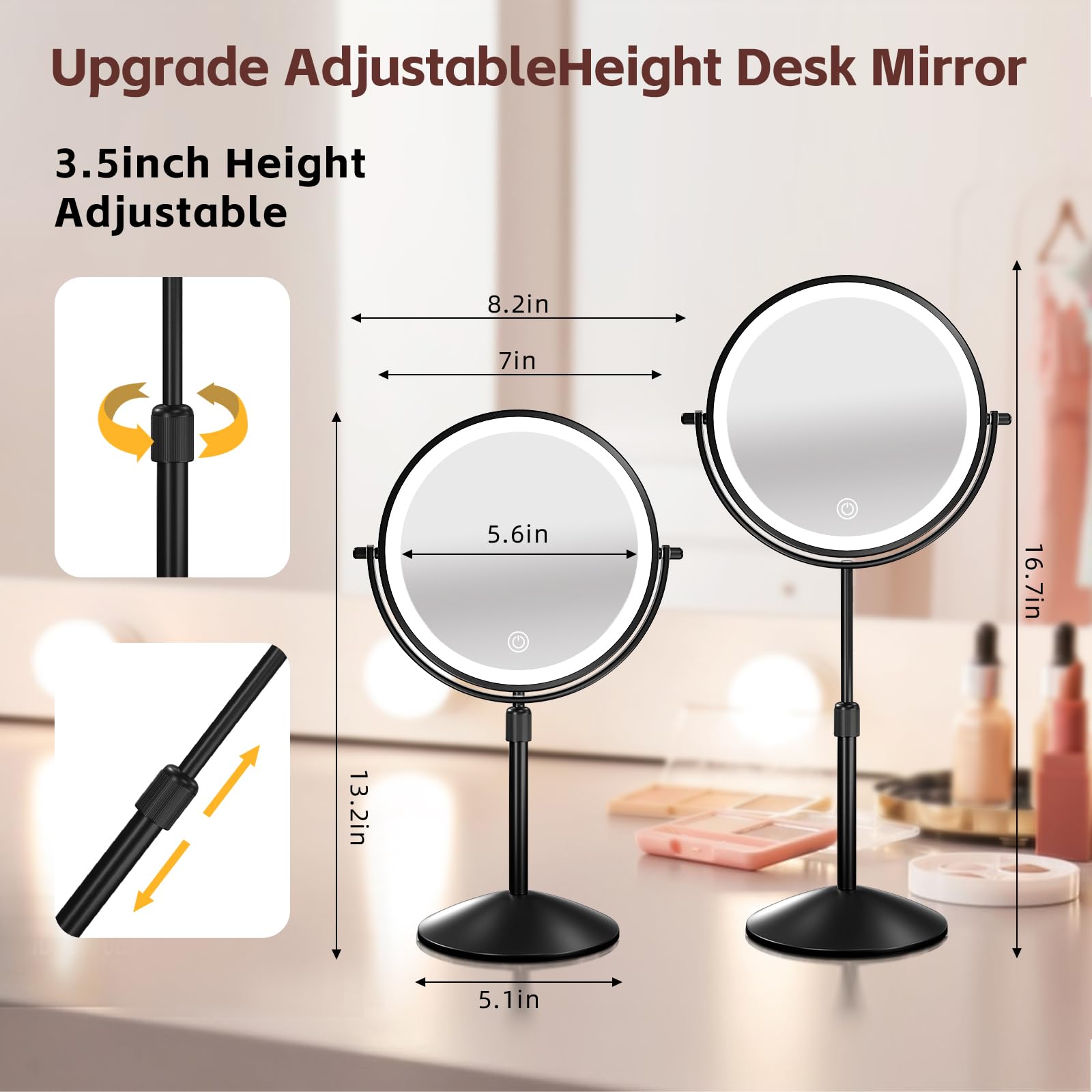 Omobolanle Specchio da trucco da 17,8 cm con luci, ingrandimento 10x, regolabile in altezza, specchio per trucco illuminato per scrivania, ricaricabile a 360°, girevole a 360°, specchio cosmetico a