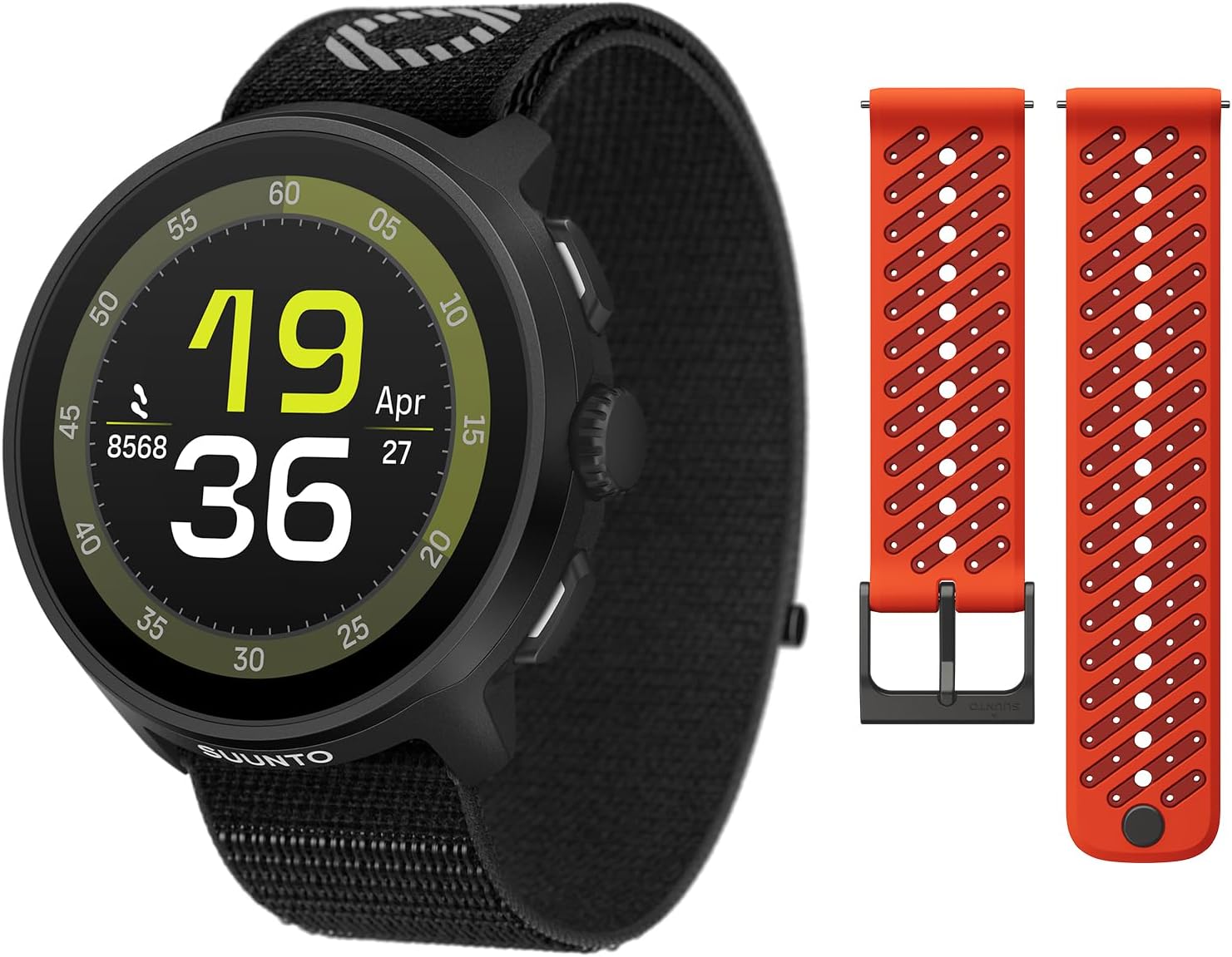 SUUNTO Run Sport Watch, Running GPS Watch All Black (w/Textile Strap) & SUUNTO 22 ATH8 Silicone Strap Orange S+M
