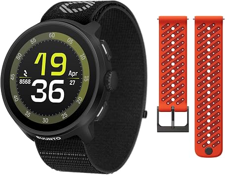 SUUNTO Run Sport Watch, Running GPS Watch All Black w/Textile Strap & SUUNTO 22 ATH8 Silicone Strap Orange S+M