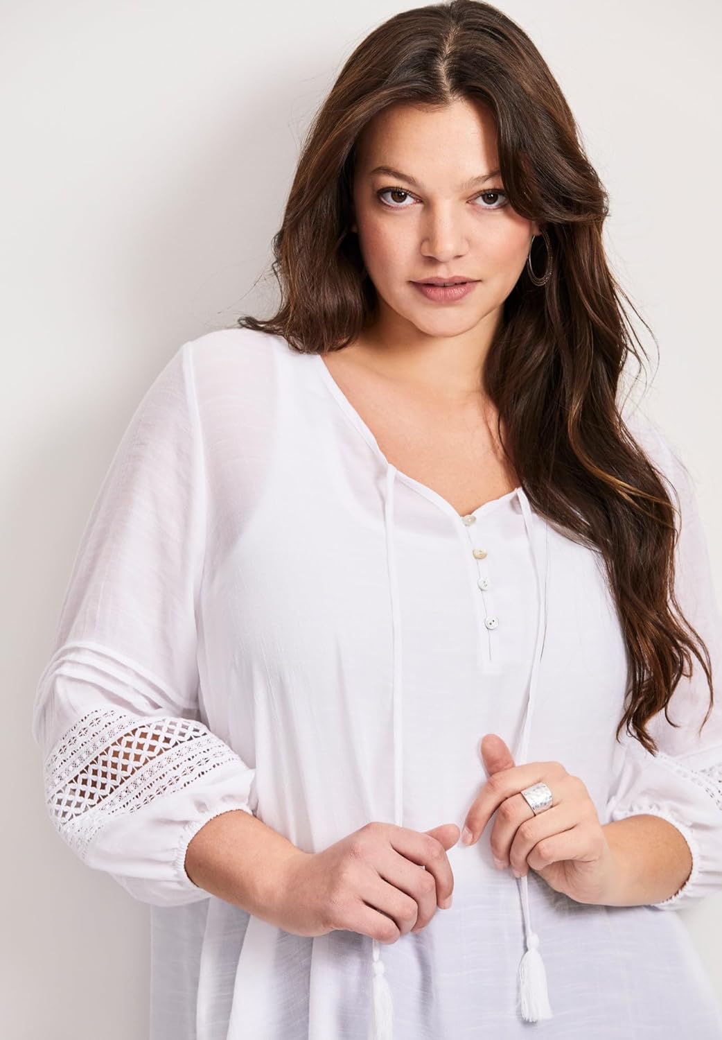 Avenue Women's Plus Size Pintuck Lace Peasant Top