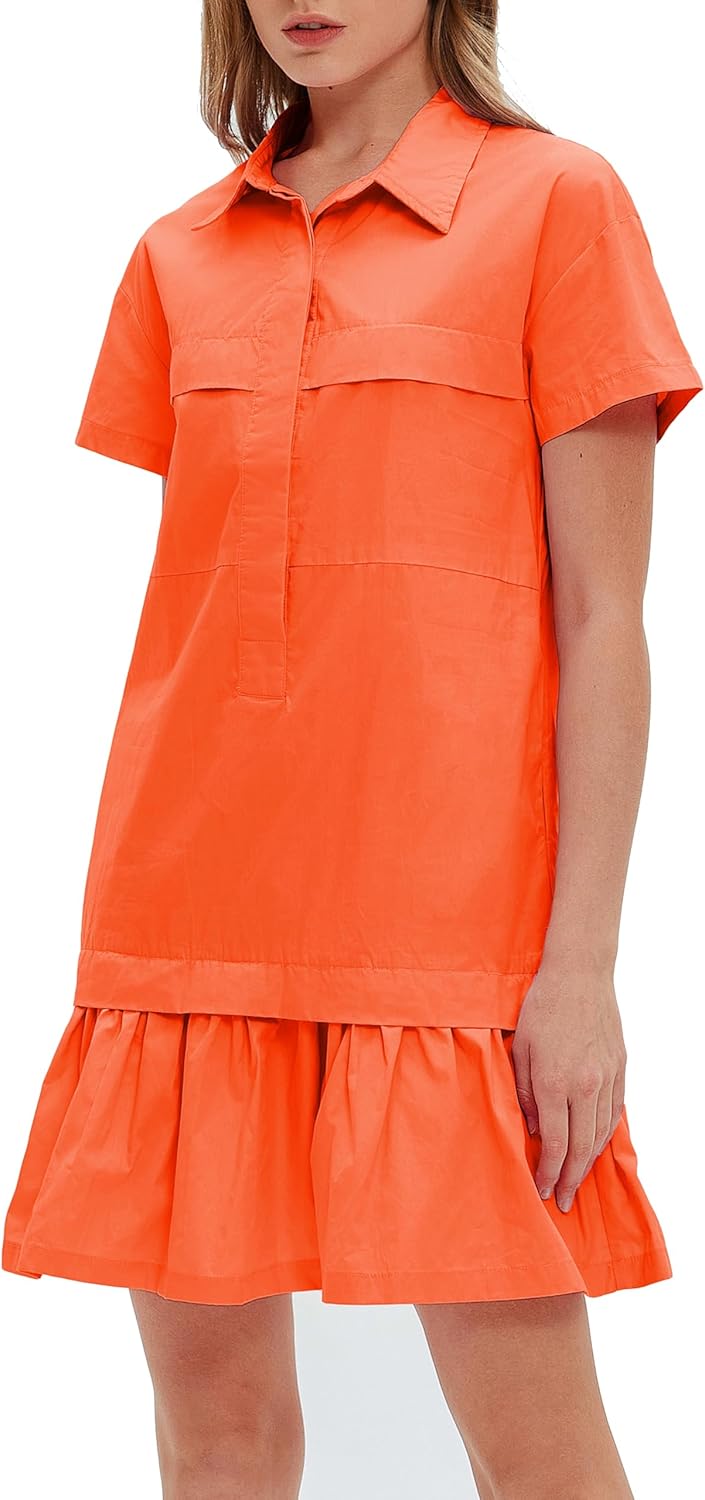 Women's Cotton Drop Waist Ruffle Hem Shirt Dress Short Sleeve Button Down Tunic Dress with Pockets - Image 2