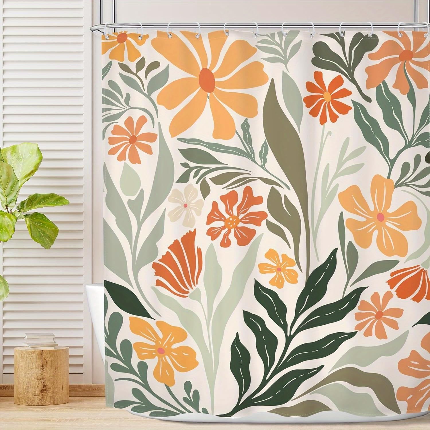 Boho Blumen Duschvorhang 300x190cm/Breite x Höhe Abstraktes rustikales Salbeigrün mit orangefarbenen, beigen und blaugrünen Blumen, Polyesterstoff