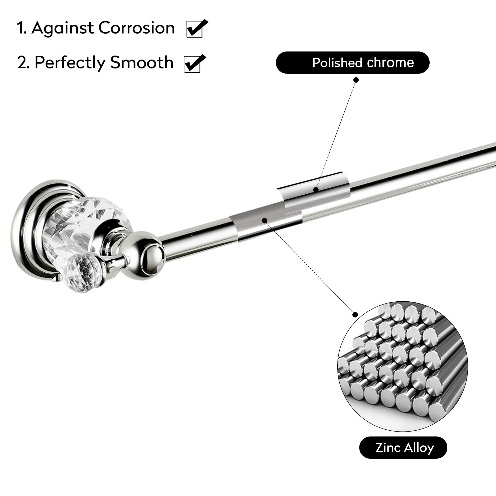 WOLIBEER Crystal Towel Bar,Chrome Towel Holder Adjustable Towel Rack Rod Expandable Stainless Steel Bathroom Accessories Wall Mounted