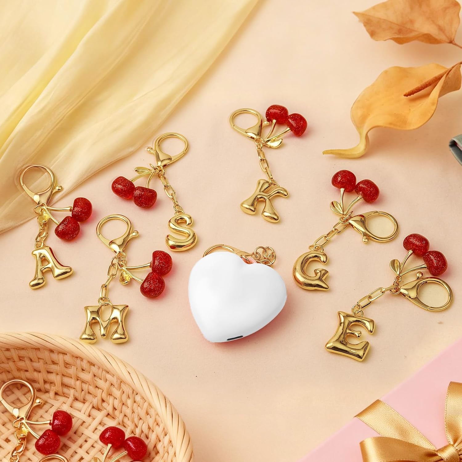 Heart Purse Light Keychain for Women, Gold Initial Keychain Bag Charm with Cherry Pendant, A-Z Letter KeyChain Gift image 2