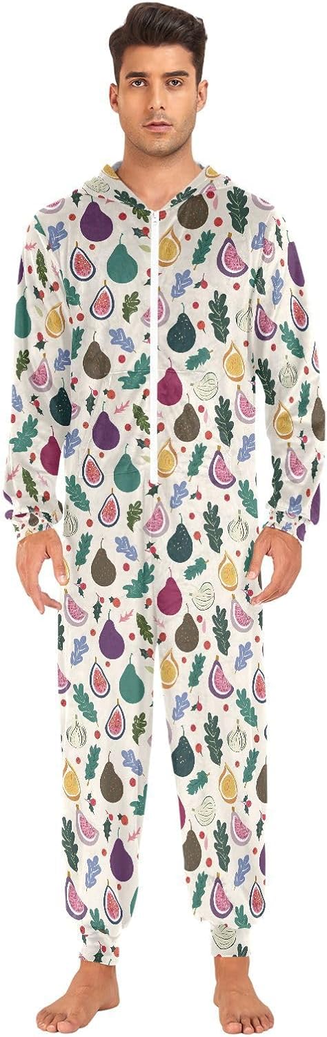 ALAZA Fig Leaf Polka Dot Adult Onesie Unisex Pajamas One-Piece Costume Hooded Jumpsuit Sleepwear for Men Women