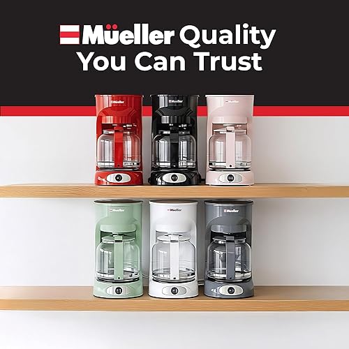 Miniatura 9 de MUELLER HOME Cafetera verde de goteo de 12 tazas, jarra de borosilicato, apagado automático, filtro reutilizable, antigoteo, función de mantener el