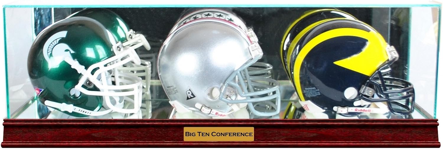 Triple Mini Helmet Display Case with Engraving and Conservation Glass (99% UV)