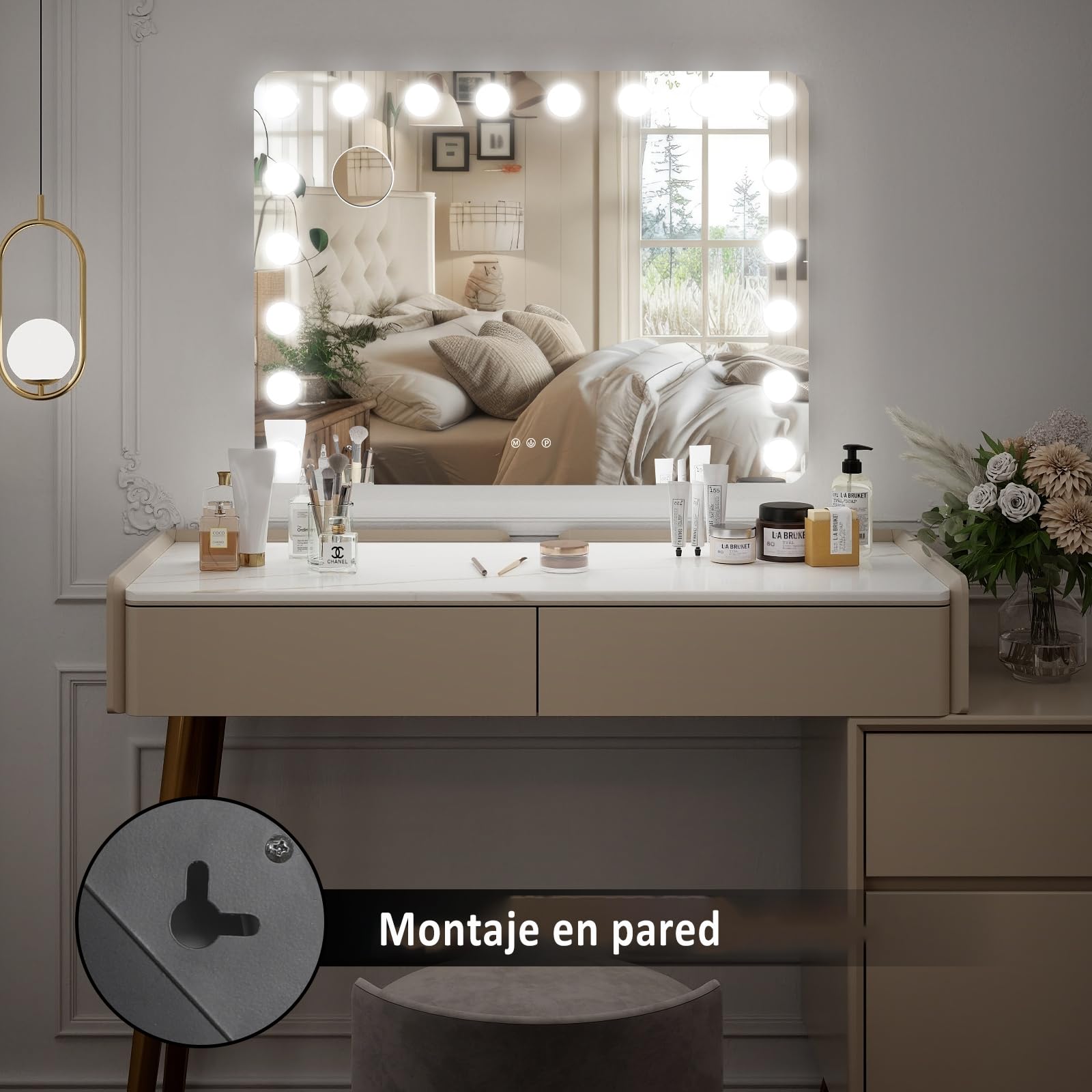 YU YUSING Hollywood Espejo Maquillaje con Luz 18 LED, 80 x 60cm, 3 Modos Iluminación Regulables, Espejo Tocador, Espejos de Mesa, USB, 10x, Vanity Mirror Tocador Dormitorio, Esquinas Redondas, Blanco