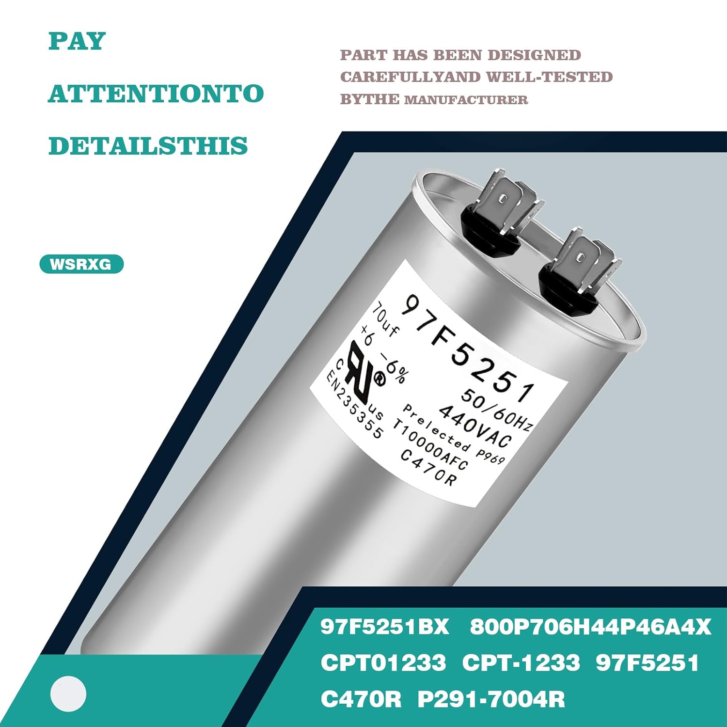 97F5251 C470R 70uF MFD x 440VAC Industrial Replacement Capacitor Round Heavy Duty Motor Start Run Capacitor (97F5251)