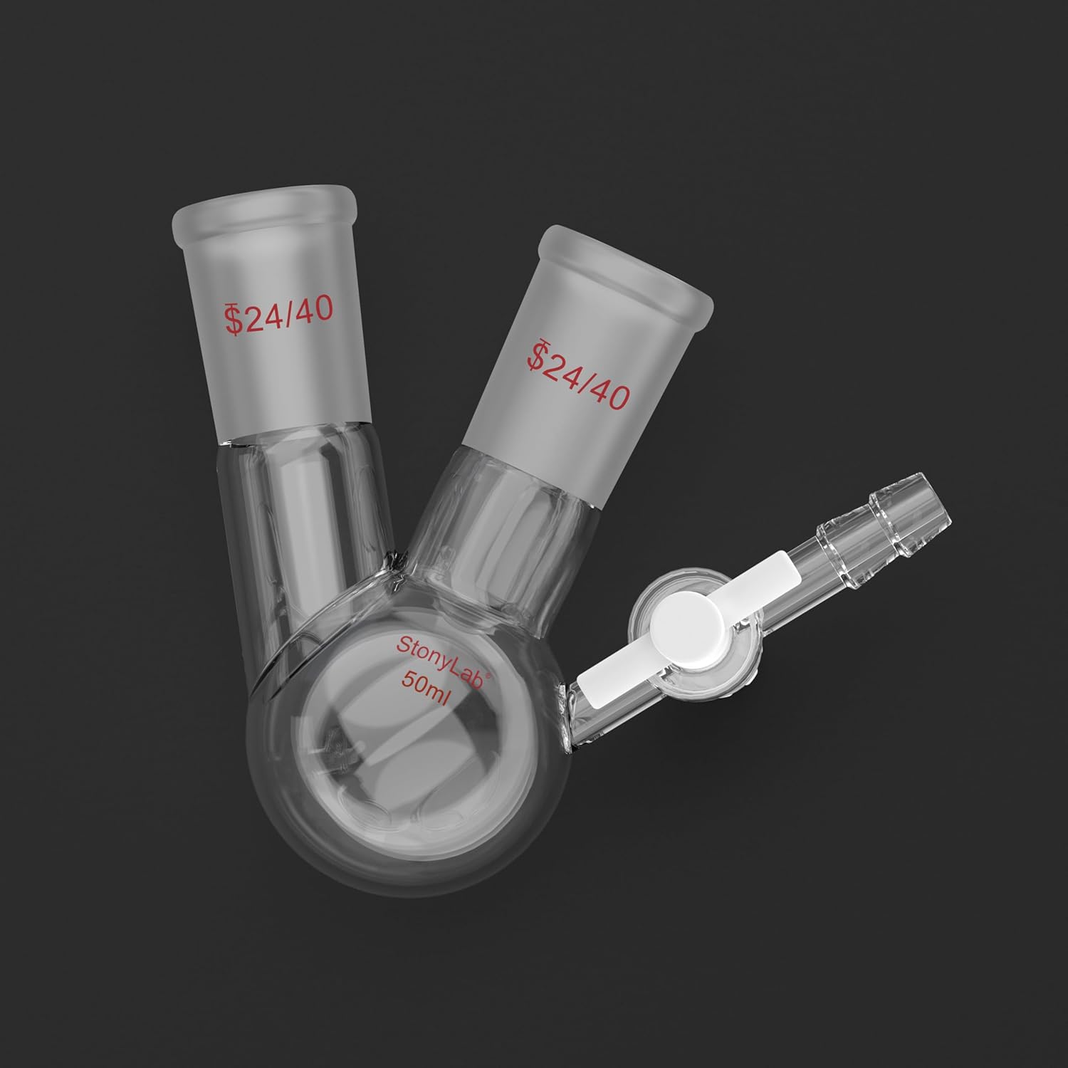 stonylab 2 Neck Reaction Flask, Round Bottom Vessel with PTFE Stopcock Valve and 24/40 Joints, for Laboratory Reactions (50 mL Capacity)