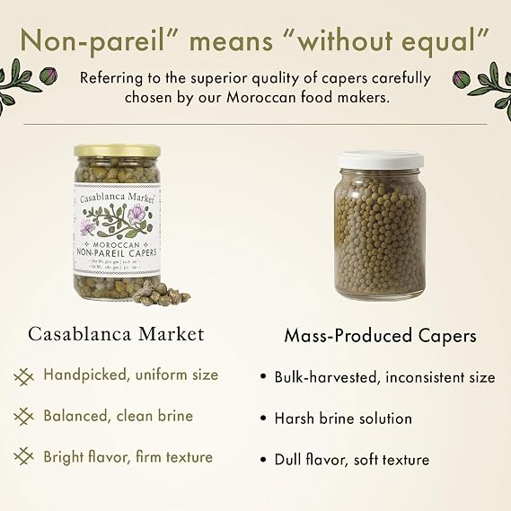 Casablanca Market Moroccan Capers Non Pareil Handpicked, Premium Capers Jar in Pure Brine Non-GMO, Plant-Based, Kosher, Halal-Friendly, No Preservatives For Pasta, Sauces, Meat & More, 1-Pack