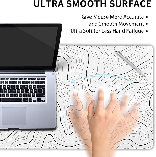 Miniatura 4 de Alfombrilla de mouse para juegos de contorno topográfico blanco, XL, líneas de mapa geográfico, minimalista, extendida, alfombrilla de mouse grande,