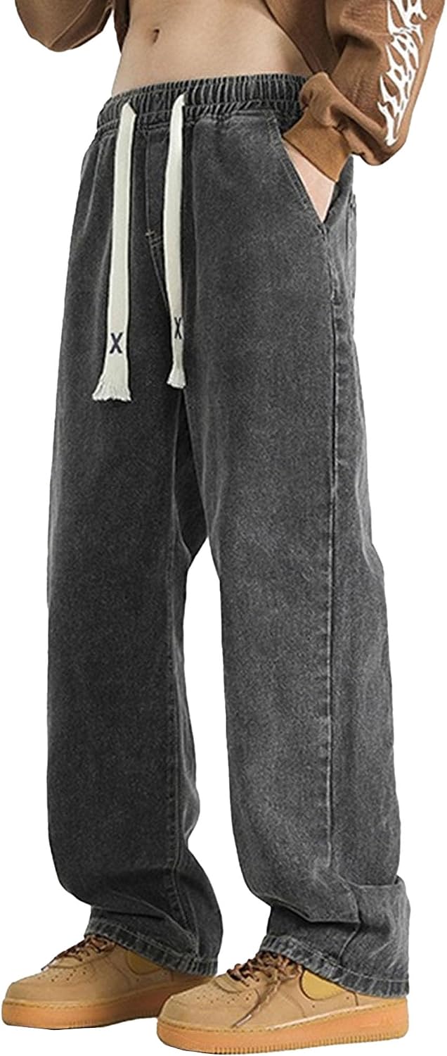Men Retro Wide Leg Denim Pant High Street Drawstring Straight Jeans Daily Wear Mid Waist Casual Trousers