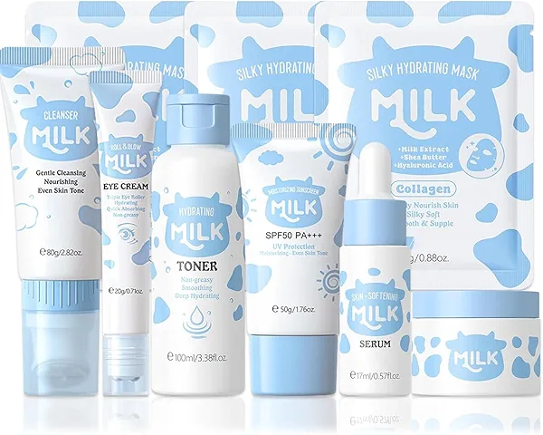 Milk Skin Care Set, Milk Skin Care For Teens 10-12, 9 IN 1 Kids Skin Care Set For Girls Ages 8-12, Moisturizing & Gentle Milk Girls Skin Care For Kids Age 8-12, Skincare For Girls 10-12