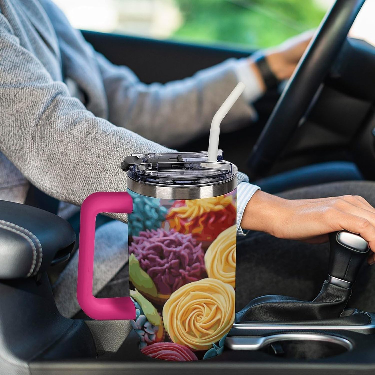 Colorful Cupcakes Rainbow Flower Cake Tumbler 40 Oz with Handle&Lid Large Car Cup Stainless Steel Vacuum Travel Mug Insulated Water Bottle Leak-proof Portable Coffee Cup for Home Car Outdoor