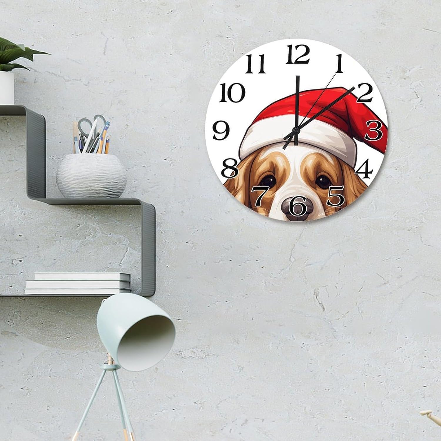 Christmas Hat Peeking Dog English Cocker Spaniel Wall Clocks 15in Pet Dog Puppy Round Decorative Wood Wall Clock Retro Hanging Silent Wooden Wall Clock for Bedroom Kitchen Kid's Room Home Decor