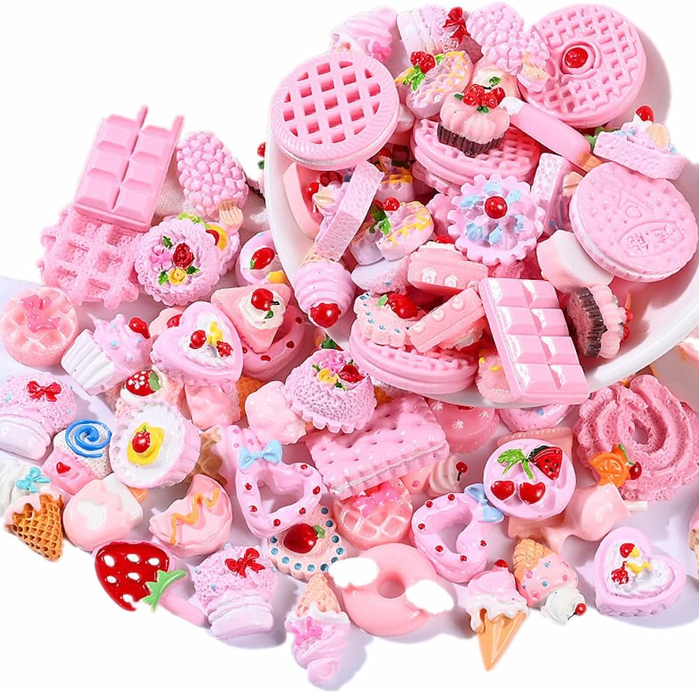 Zhiheng Random 30 Pack Cute Candy Plastic Beads Fruit Dessert Ice Cream Resin Charms Slices Flatback Buttons for Handcraft Accessories Scrapbooking Phone Case Decor (Baby Pink)