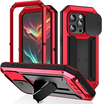 Case for iPhone 15 Pro Max/15 Pro/15 Plus/15, Metal Bumper Silicone Case with Sliding Camera Lens Cover & Kickstand & Screen Protector, Military Shockproof Rugged Case