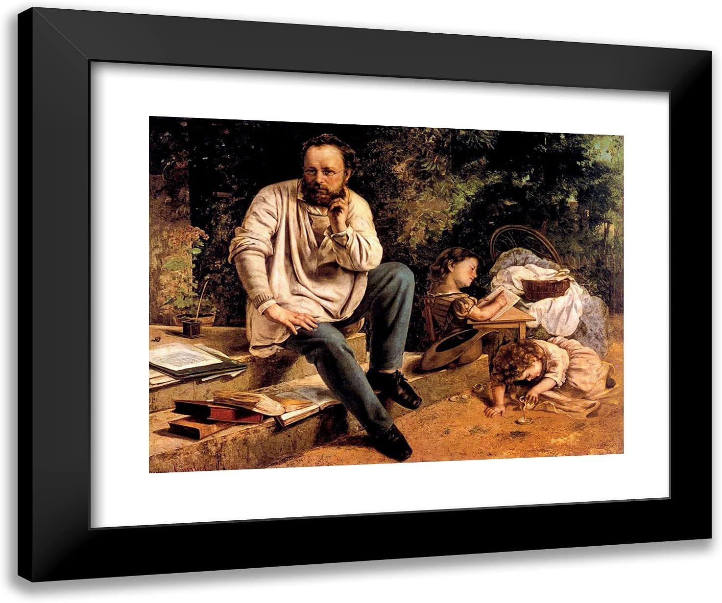 ArtDirect Courbet, Gustave 24x20 Black Ornate Framed Art Print with Double Matting Titled: Pierre Joseph Proudhon and His Children