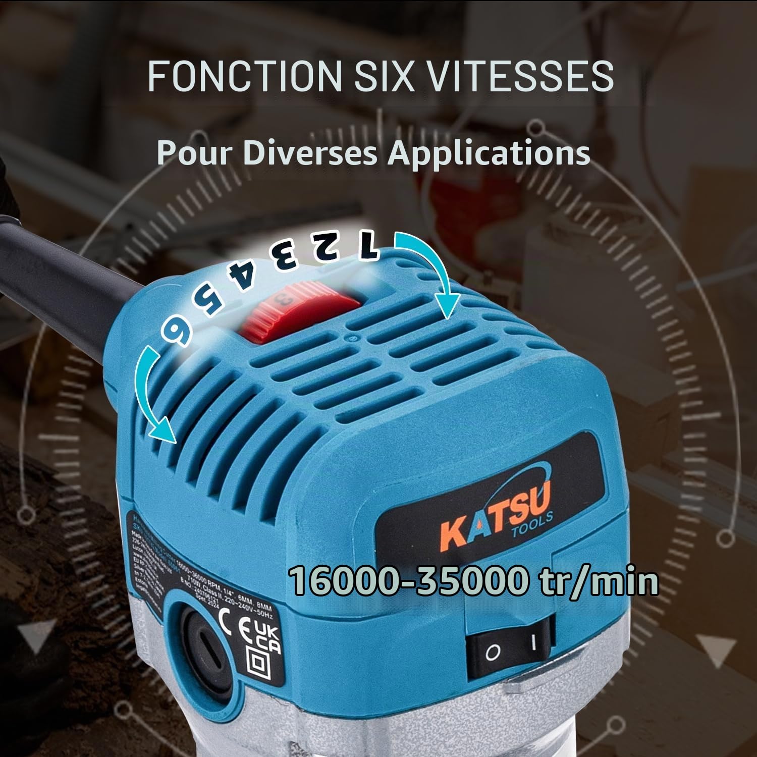 KATSU Tools Toupie/affleureuse bois électrique 710 W – démarrage en douceur, base plongeante, corps aluminium, 3 mandrins (1/4", 6 mm, 8 mm) bricolage