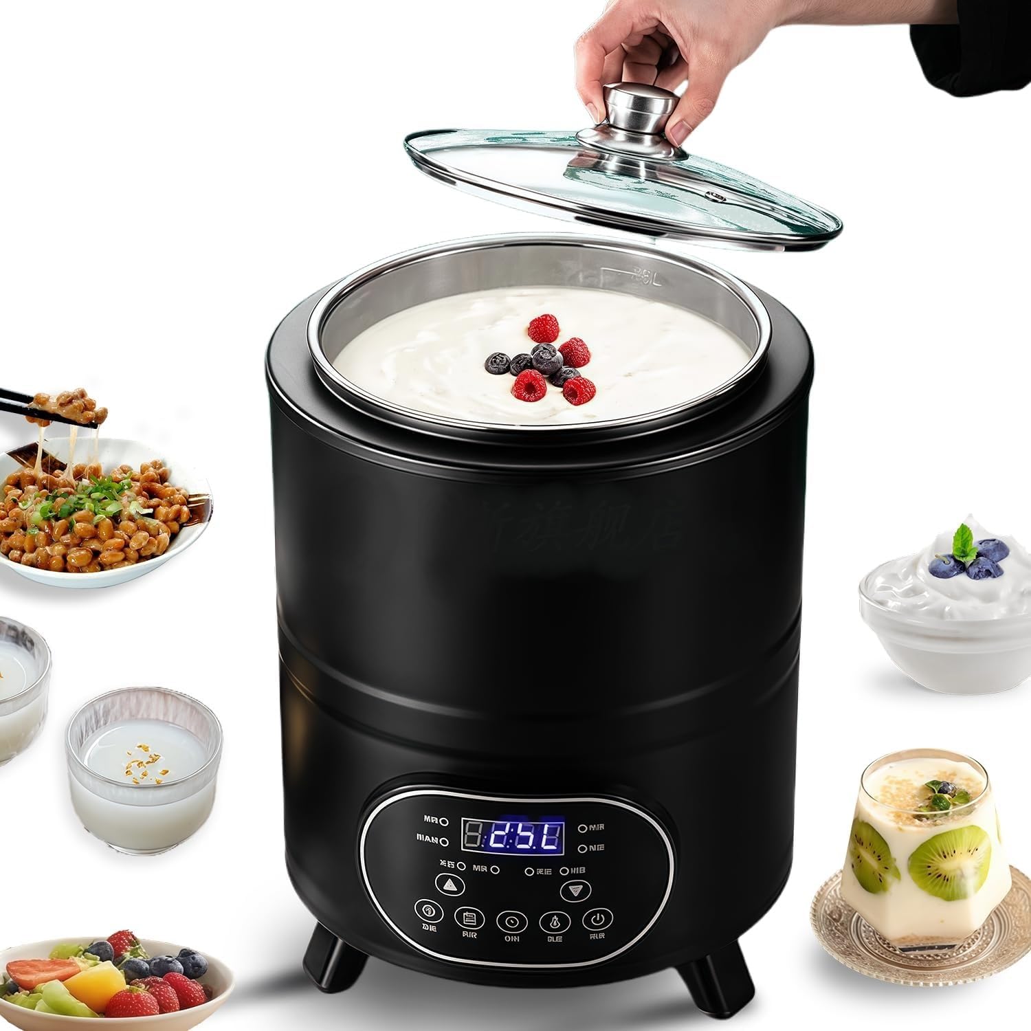 Yogurt Maker, macchina elettrica intelligente con 7 modalità preimpostate, riscaldamento uniforme a 360°, timer digitale, ciotola rimovibile in acciaio inossidabile, capacità 8 l per yogurt, natto e