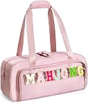 Yarwo 3 PCS Mahjong Bag Empty, Clear Mahjong Tile Set Bag with Game Mat Buckle and Sewn Chenille Letter, Zippered Game Storage Case for Mahjong Tiles, Racks & Pushers, Pink(Case Only)