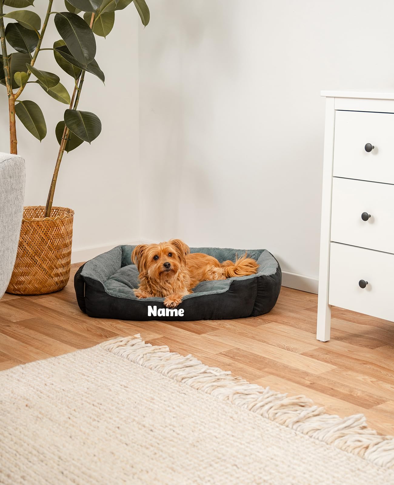 lionto Cama para Perros con cojín Reversible y Base Antideslizante, cojín para Mascotas con Entrada Baja para Perros y Gatos, 75x60 cm, cojín para Perros Acogedor, Negro/Gris (con Nombre Impreso)