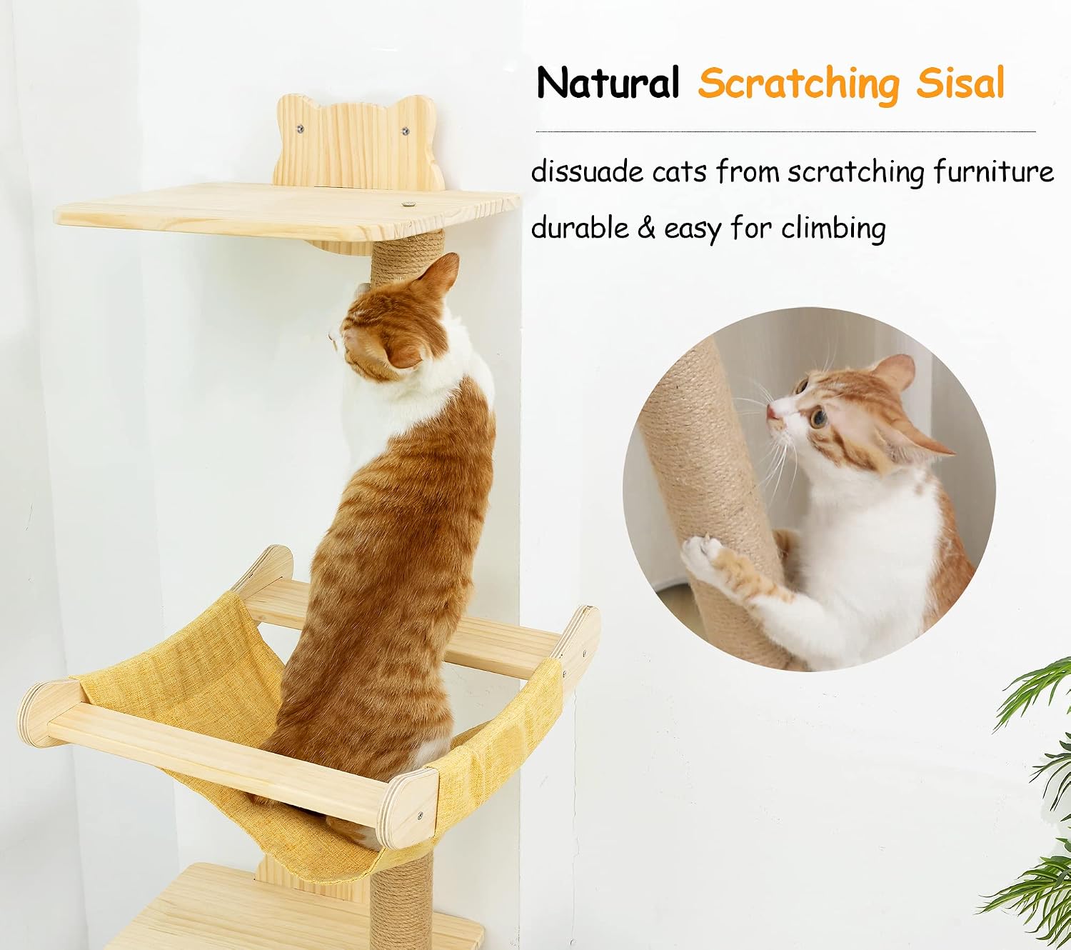 Cat Tree with Hammock, Tall Wall Mounted Wood Scratching Post for Indoor Cats Climbing Activity Tower