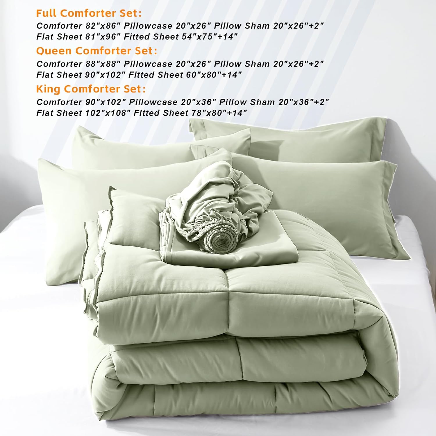 COZYART Queen Comforter Set 7 Pcs, Sage Green Bed in a Bag, All Season Lightweight Soft Reversible Bedding Set, 1 Comforter, 1 Flat Sheet, 1 Fitted Sheet, 2 Pillow Shams, 2 Pillowcases