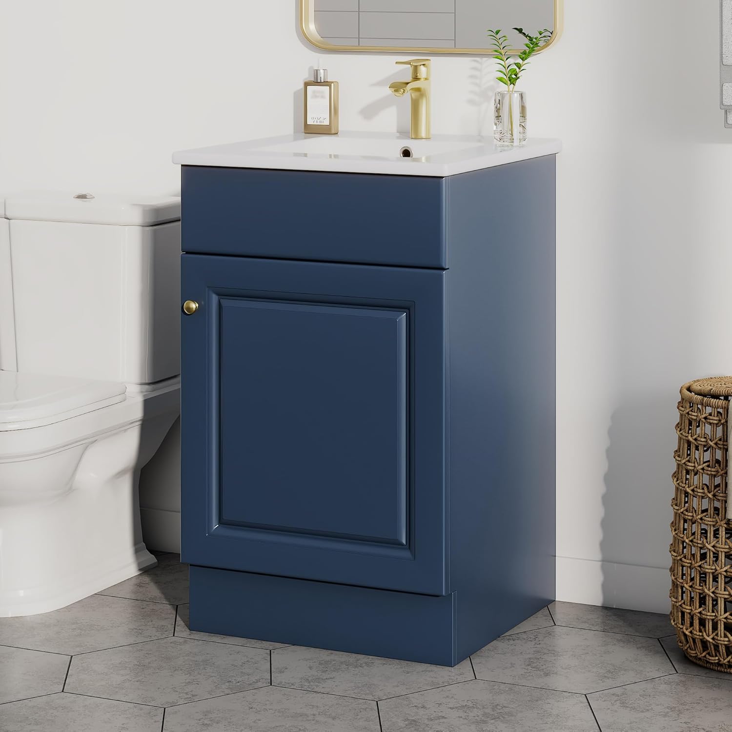 Harper & Bright Designs 20" Bathroom Vanity with Sink, Free Standing Single Basin Vanity Set with Adjustable Shelf & Storage Rack, Solid Wood Bathroom Cabinet with Ceramic Basin for Bathroom, Blue