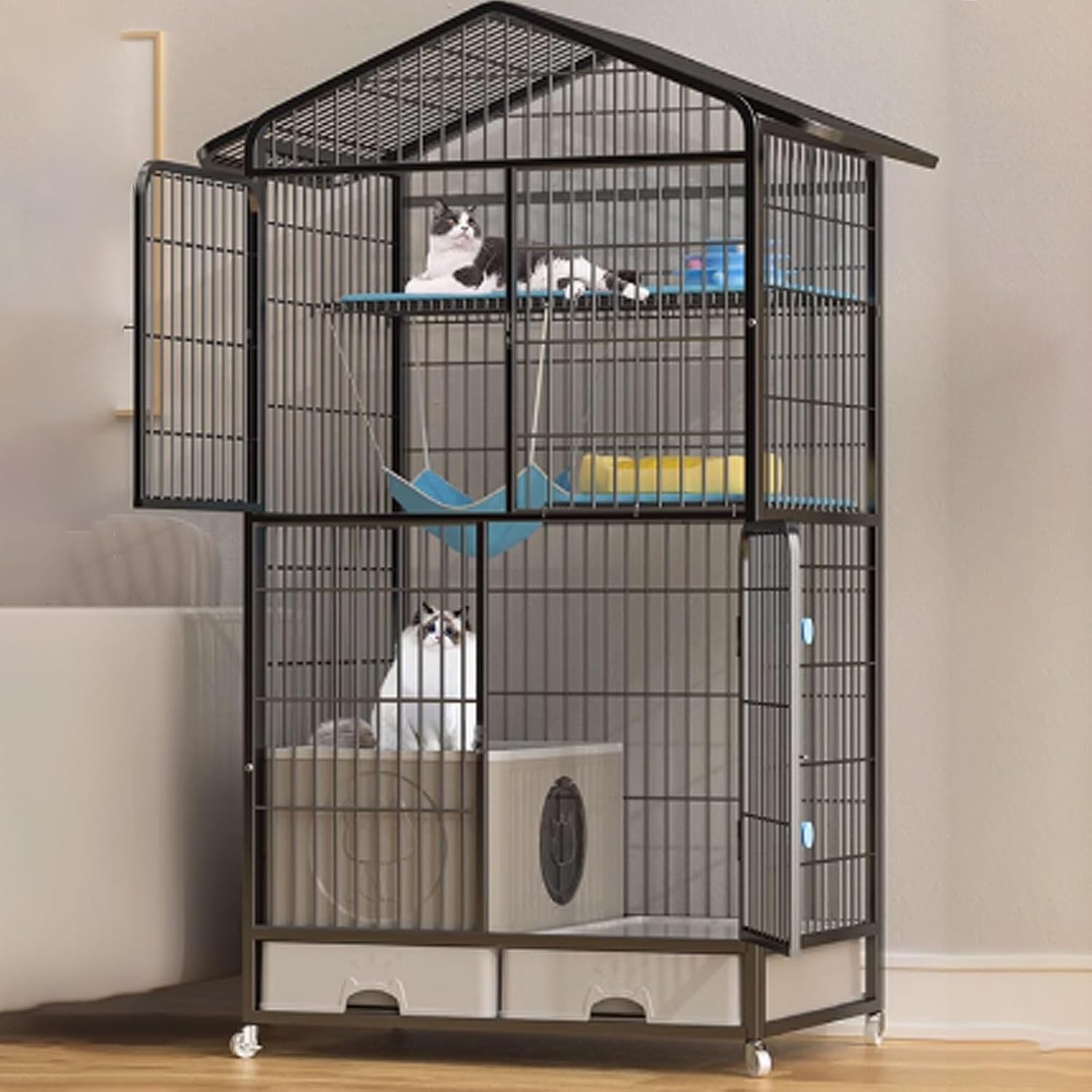 Cat Cage, Cat House, Cat Playpen with Top Cover, Catio Indoor Cat Enclosure with Litter Box with Anti-Collision Lock Easy to Move for Small Animals(Black,83x59x160cm)