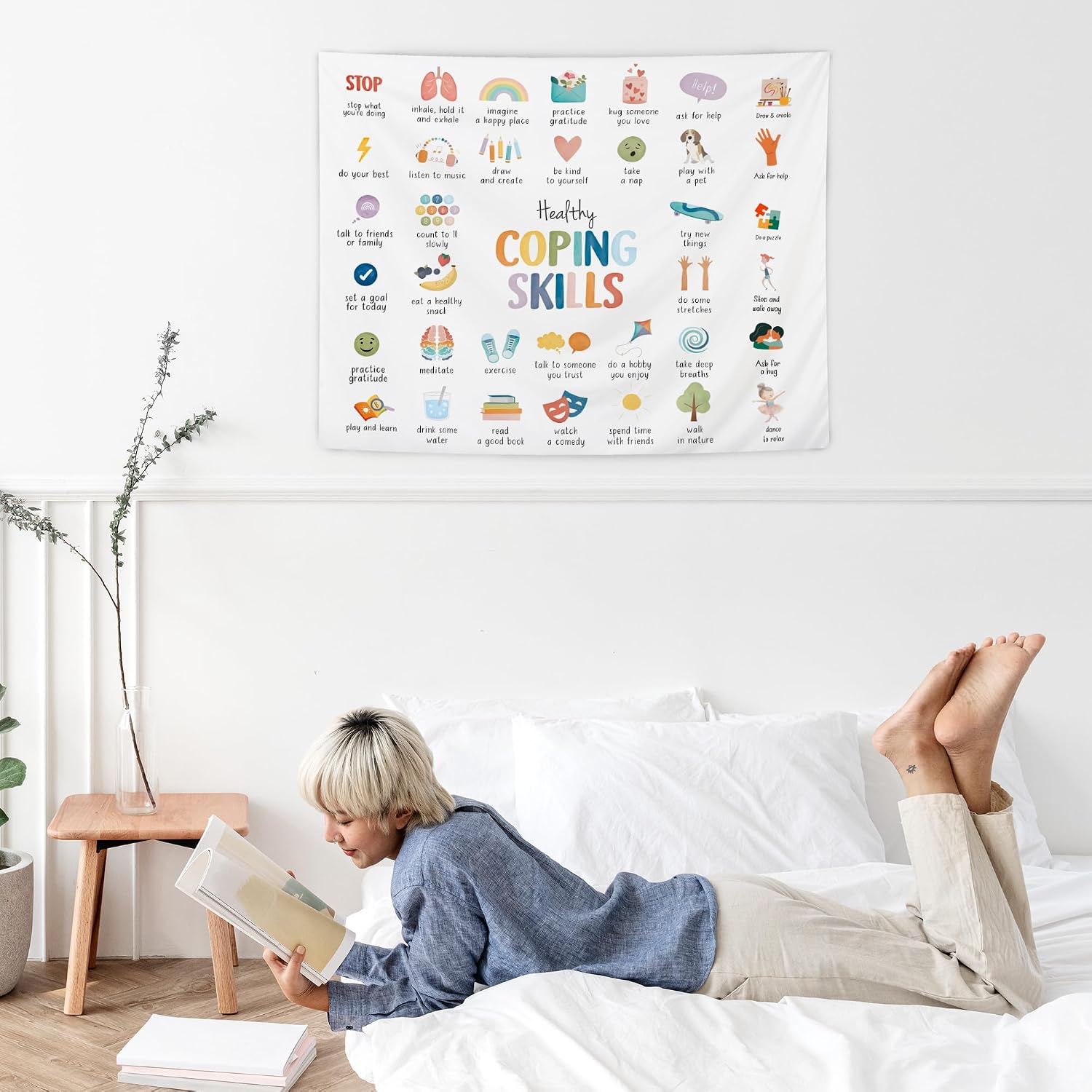 NATSUNO Mental Health Tapestry, Positive Affirmations Wall Tapestry for Classroom, Healthy Coping Skills Tapestries Wall Hanging for Calm Down Corner Counseling Office Decor, 50x60 Inches